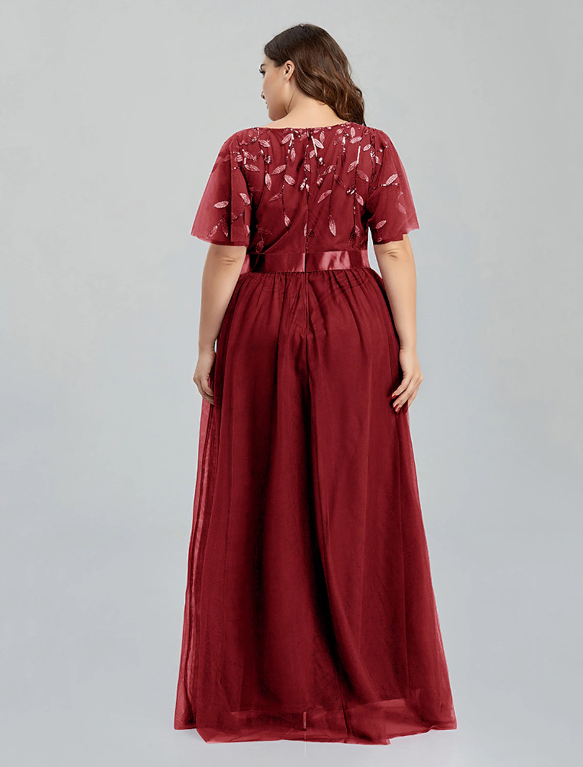 Vestido de fiesta de corte A, floral, para quinceañera, largo hasta el suelo, manga corta, cuello joya, para dama de honor, de tul con bordados.